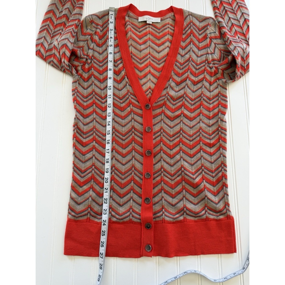 LOFT Womens M Cardigan Chevron Striped Orange Blue V Neck Button Up - Picture 6 of 9